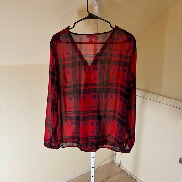 Loft EUC Women's Sheer Red Plaid Faux Wrap Blouse Size L - Picture 4 of 5